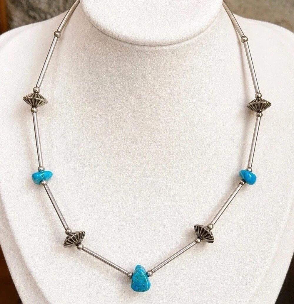 VTG Navajo Style Sterling Silver Turquoise Necklace Saucer Bead Native Southwest
